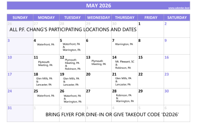 May 2026 Calendar of all P.F. Chang’s Fundraising Locations